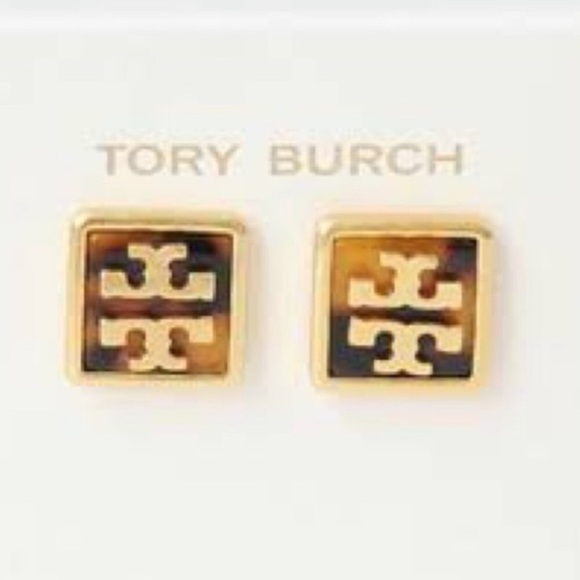 Tory Burch Gold and Brown Logo Earrings Tortoise Shell Quite Luxury Stud - Picture 3 of 8